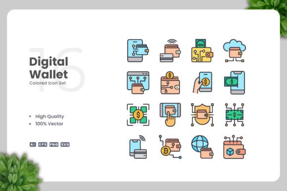 Digital Wallet Colored Icons: Graphics and Icons for Digital Sellers