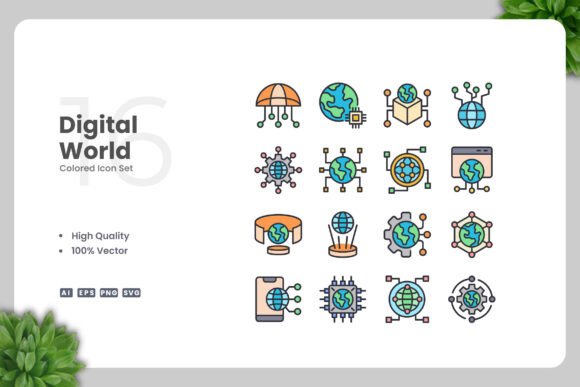 Digital World Colored Icons for Graphics and Branding