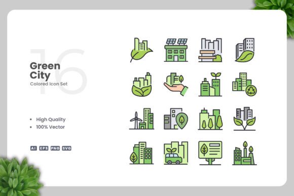 Green City Colored Icons for Modern Branding