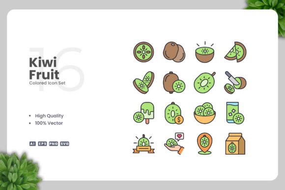 Kiwi Fruit Colored Icons for Digital Design